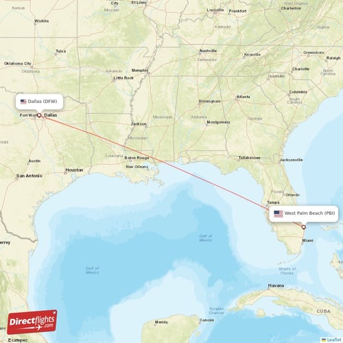 West Palm Beach - Dallas direct flight map