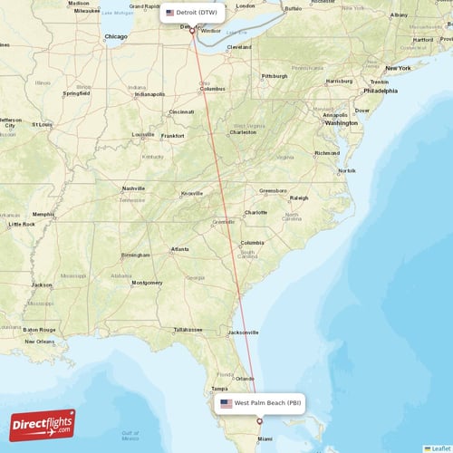 West Palm Beach - Detroit direct flight map