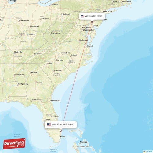 West Palm Beach - Wilmington direct flight map
