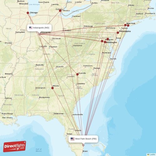 West Palm Beach - Indianapolis direct flight map