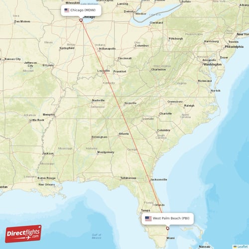 West Palm Beach - Chicago direct flight map