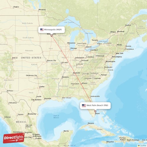 West Palm Beach - Minneapolis direct flight map