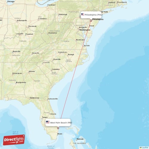 West Palm Beach - Philadelphia direct flight map