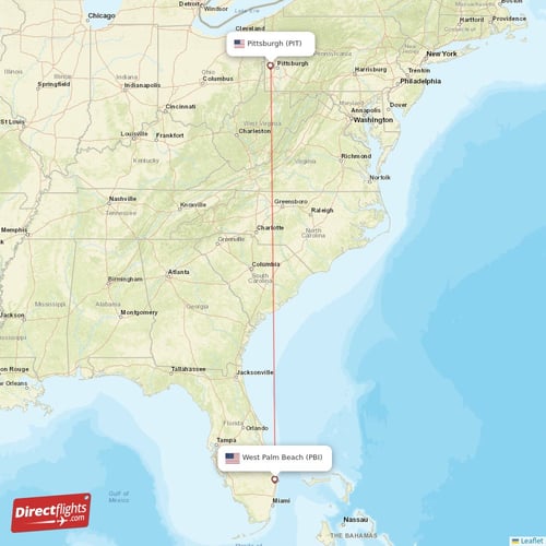 West Palm Beach - Pittsburgh direct flight map