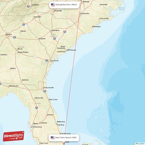 West Palm Beach - Raleigh/Durham direct flight map