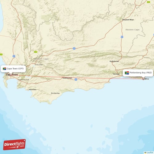 Plettenberg Bay - Cape Town direct flight map