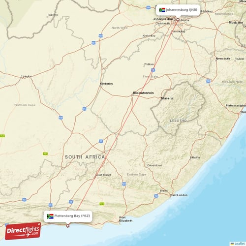 Plettenberg Bay - Johannesburg direct flight map