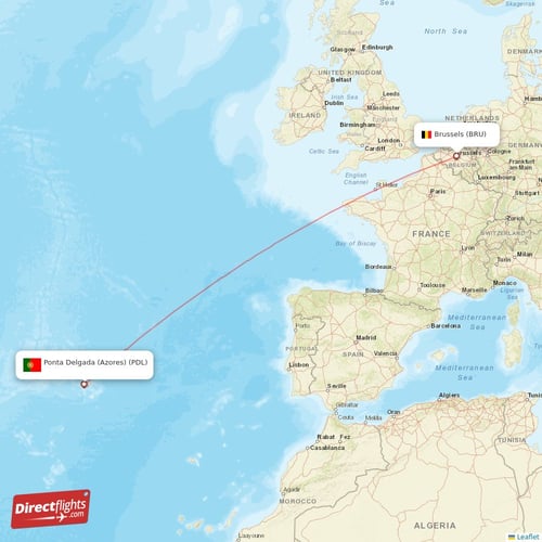 Ponta Delgada (Azores) - Brussels direct flight map