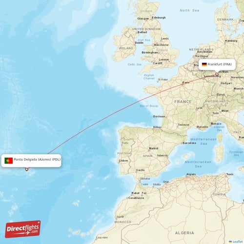 Ponta Delgada (Azores) - Frankfurt direct flight map