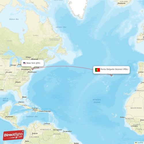 Ponta Delgada (Azores) - New York direct flight map