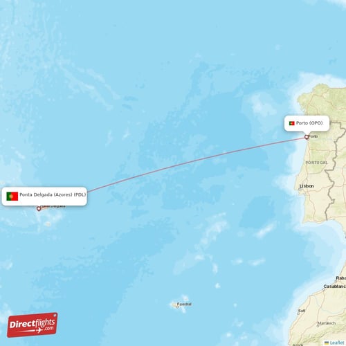Ponta Delgada (Azores) - Porto direct flight map