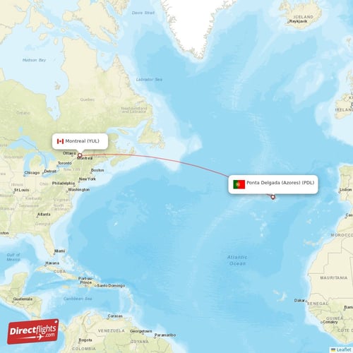Ponta Delgada (Azores) - Montreal direct flight map