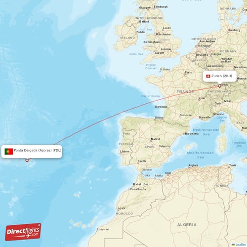 Ponta Delgada (Azores) - Zurich direct flight map