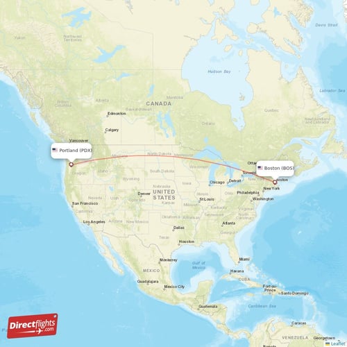 Portland - Boston direct flight map