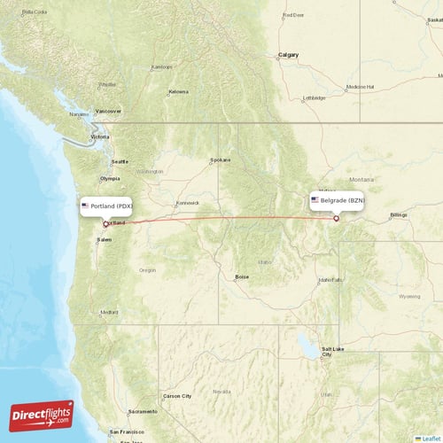 Portland - Bozeman direct flight map