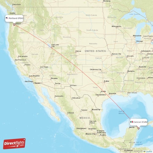 Portland - Cancun direct flight map