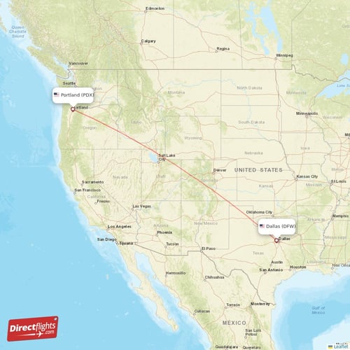 Portland - Dallas direct flight map