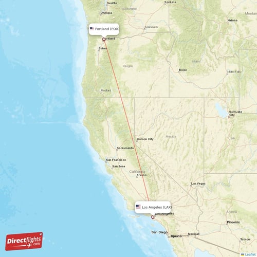 Portland - Los Angeles direct flight map