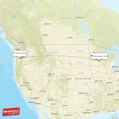 Portland - Minneapolis direct flight map