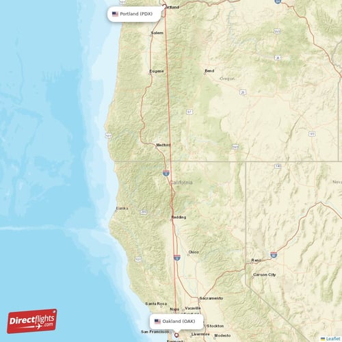 Portland - Oakland direct flight map