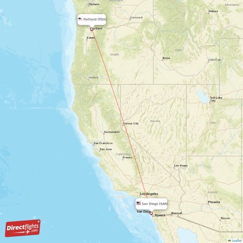 Portland - San Diego direct flight map