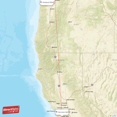 Portland - San Jose direct flight map