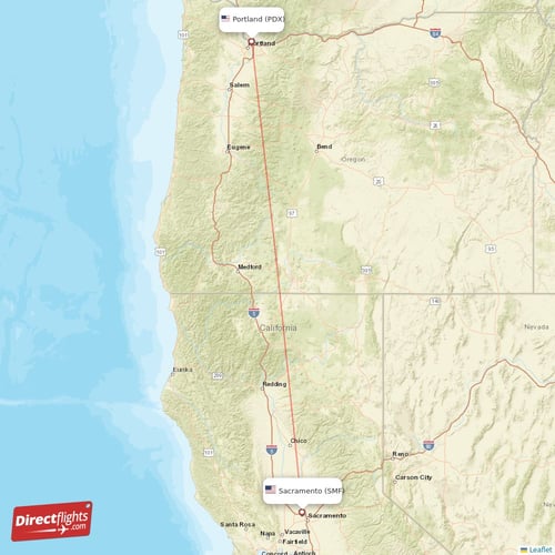 Portland - Sacramento direct flight map