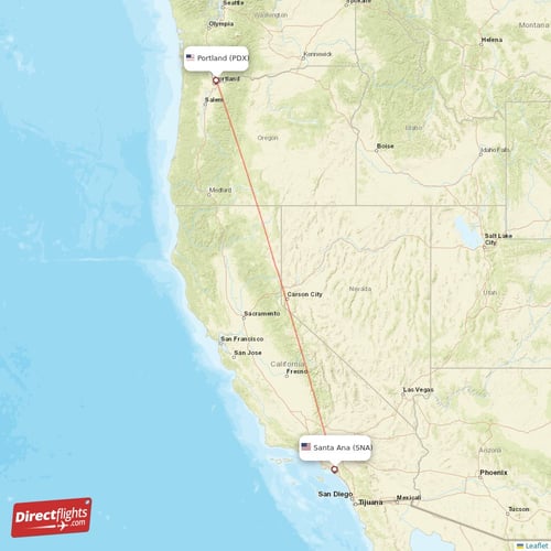 Portland - Santa Ana direct flight map
