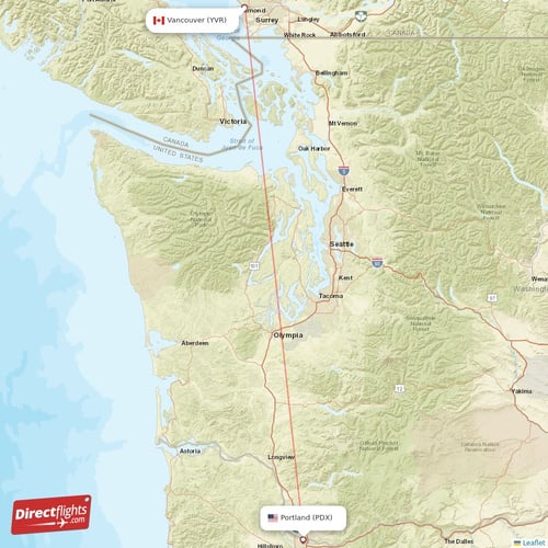 Portland - Vancouver direct flight map