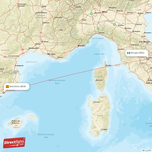 Perugia - Barcelona direct flight map