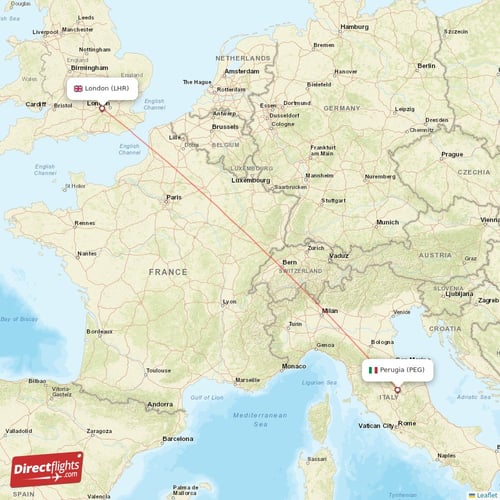 Perugia - London direct flight map
