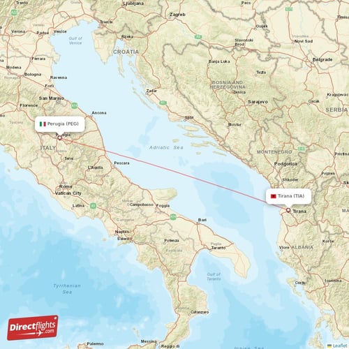 Perugia - Tirana direct flight map