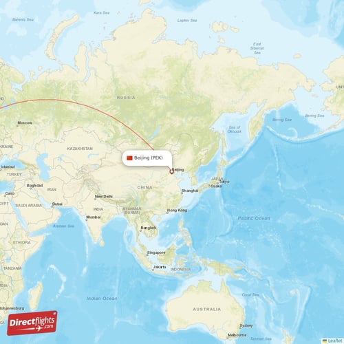Beijing - Amsterdam direct flight map