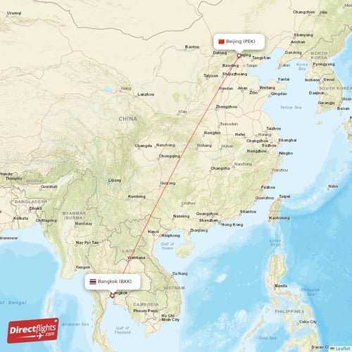 Beijing - Bangkok direct flight map