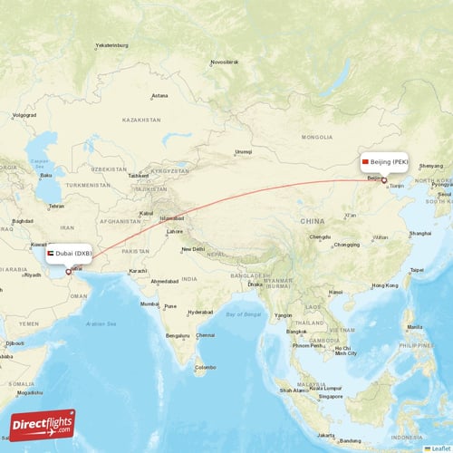 Beijing - Dubai direct flight map