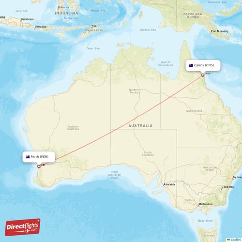Perth - Cairns direct flight map