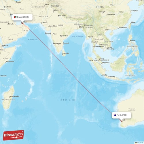 Perth - Dubai direct flight map
