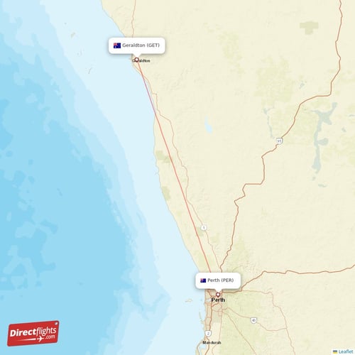 Perth - Geraldton direct flight map