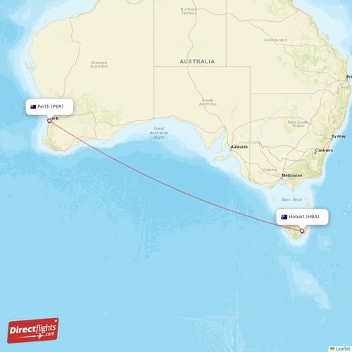 Perth - Hobart direct flight map