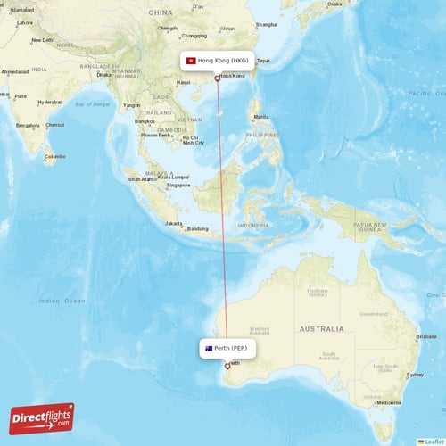 Perth - Hong Kong direct flight map
