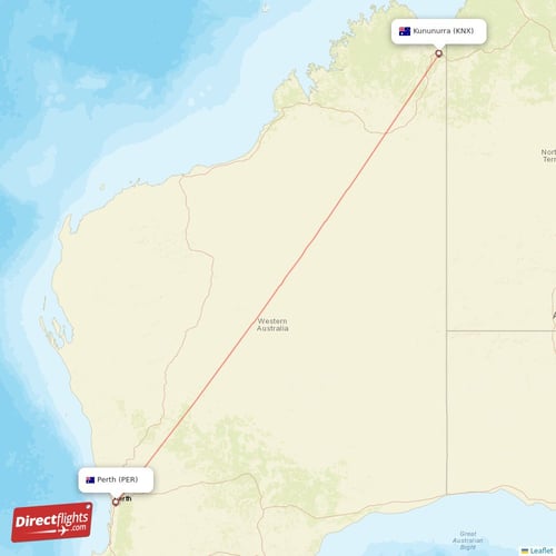 Perth - Kununurra direct flight map