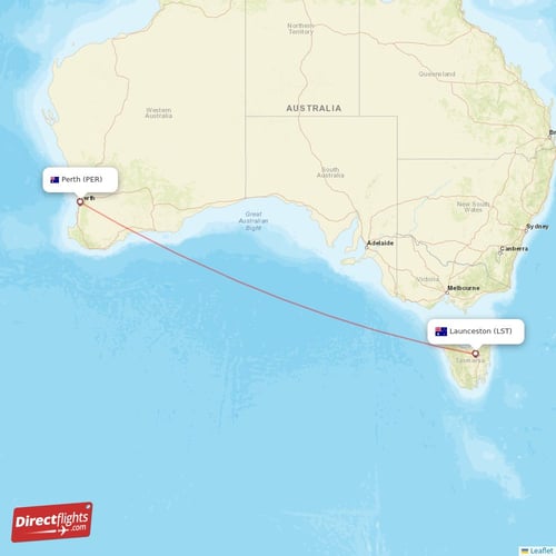 Perth - Launceston direct flight map