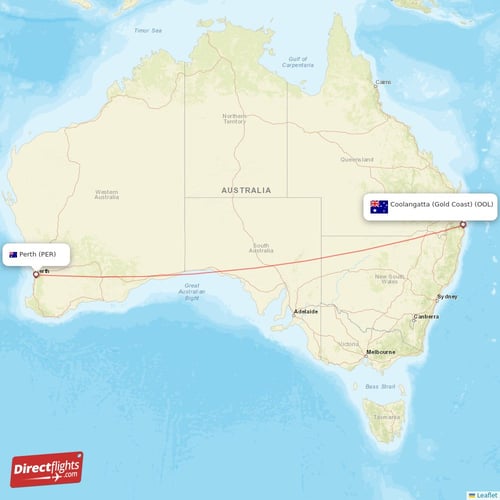 Perth - Coolangatta (Gold Coast) direct flight map