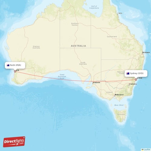 Perth - Sydney direct flight map