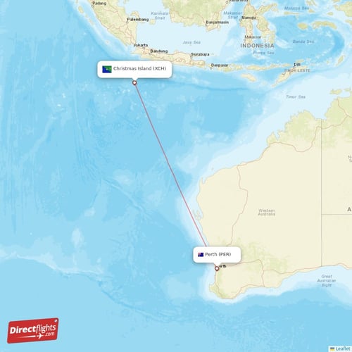 Perth - Christmas Island direct flight map