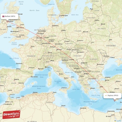 Paphos - Belfast direct flight map