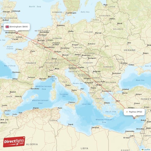 Paphos - Birmingham direct flight map