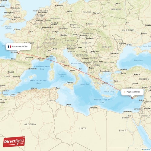 Paphos - Bordeaux direct flight map