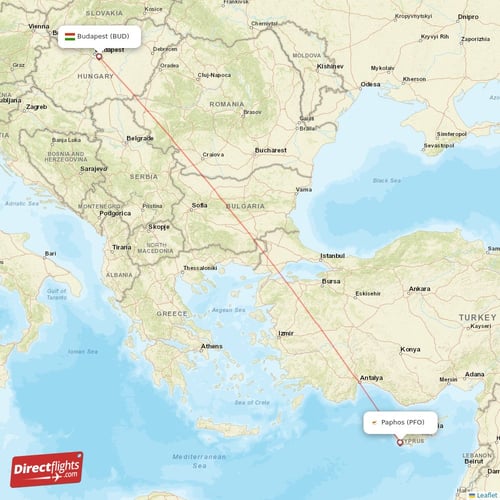 Paphos - Budapest direct flight map