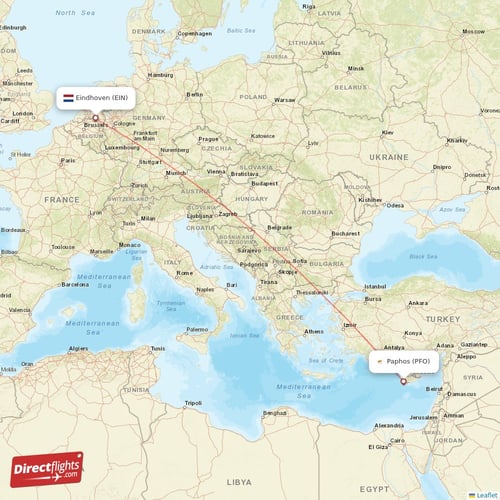 Paphos - Eindhoven direct flight map